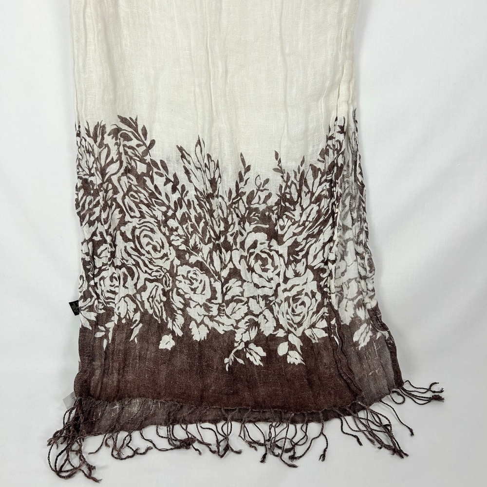Tie Rack 100% Linen Cream Brown Floral Border Print Scarf – Fringe Trim